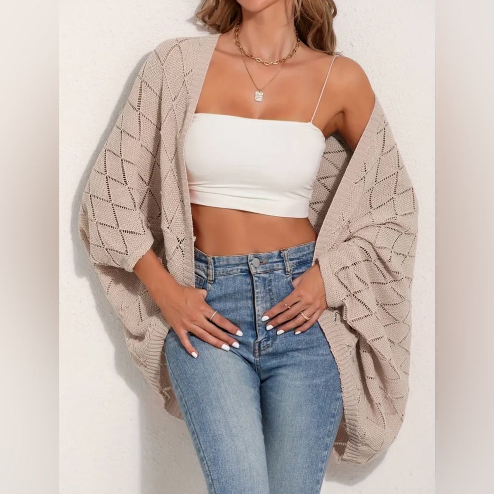 Women’s Apricot Knit Elegant Front Open Batwing Sleeve Loose Cardigan Sz S